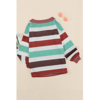 Brown One Shoulder Striped Color Block Lantern Long Sleeve Top