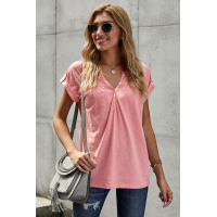 Pink Buttoned Detail Cotton Blend Short Sleeve T-shirt