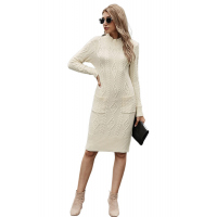 Beige High Neck Textured Bodycon Sweater Dress