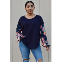 Blue Floral Sleeve Pullover Top