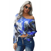 V-neck Knotted Blue Tie-dye Top