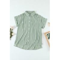 Green Short Sleeve Buttoned Striped Print Blouse