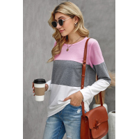 Multicolor Round Neck Long Sleeve Color Block Top