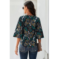 Black Floral Print Button Tie Top