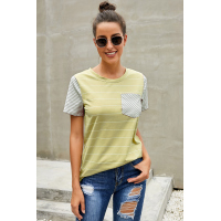 Yellow Striped Short Sleeve Contrast Color T-Shirt with Pocket