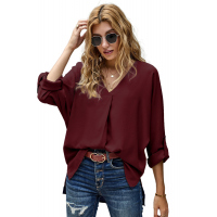 Wine V Neck 3/4 Sleeve High Low Hem Shirt