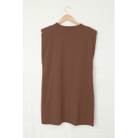 Brown Padded Shoulder Sleeveless Cotton Pocketed Mini Dress