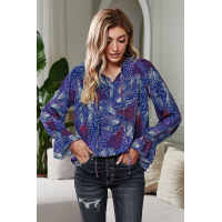 Blue Split Neck Printed Blouse