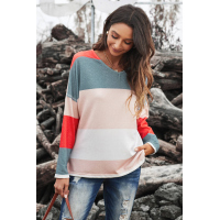 Color Block V Neck Long Sleeve Top with Side Slits