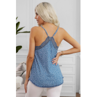 Blue Spaghetti Strap Printed Lace Tank Top