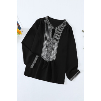 Black Long Sleeves Front Embroidery Blouse