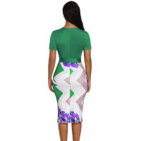 Green Bowknot Short Sleeve Printed Sheath Dress