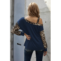 Blue Dew Shoulder Leopard Stitching Long-sleeved Blouse