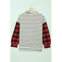 Plaid Patchwork Striped Button Long Sleeve Top