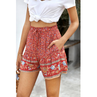 Red Summer Boho Floral Print A-line Elastic Waist Shorts