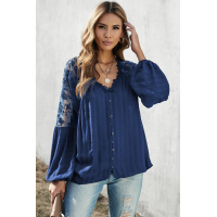 Blue V Neckline Lace Shoulder Patchwork Blouse