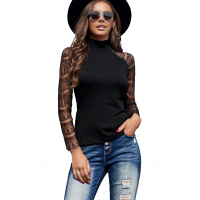 Black High Neck Lace Crochet Long Sleeve Top