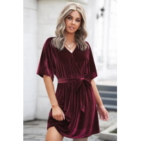 Burgundy V-neck Half Sleeve Velvet Mini Dress with Belt