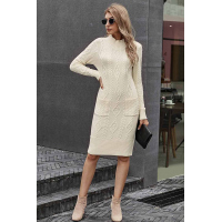 Beige High Neck Textured Bodycon Sweater Dress