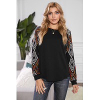 Black Ethnic Print Raglan Top