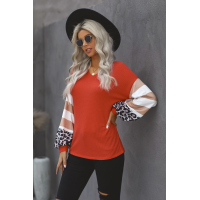 Orange V Neck Leopard Stripe Splice Lantern Sleeve Top