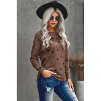 Khaki Round Neck Star Print Long Sleeve Top