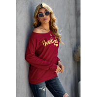 Burgundy THANKFUL Print Off Shoulder Long Sleeve Top without Strap