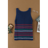 Blue V Neck Striped Pattern Knit Tank Top with Buttons