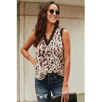 Beige V Neck Lace Trim leopard Tank