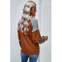 Leopard Long Sleeve Waffle Knit Orange Blouse with Twist Knot