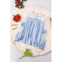 Sky Blue Fashion Lantern-Sleeve Lace Patchwork Top