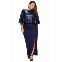 Blue Sequin Cape Plus Size Maxi Dress