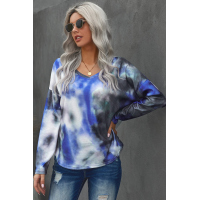 V-neck Knotted Blue Tie-dye Top