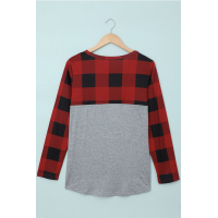 Plaid Print Patchwork Gray Long Sleeve Top