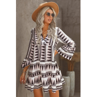 Geometric Print V neck Flare Half Sleeve Ruffle Swing Mini Dress