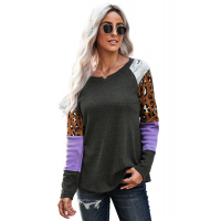 Gray Multi Print Color-block Sleeves Waffle Knit Top