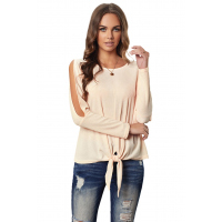 Apricot Waffle Knit Front Tie Cold Shoulder Long Sleeve Top