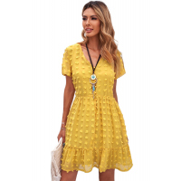 Yellow Polka Dot V Neck Ruffled Short Sleeves Mini Dress