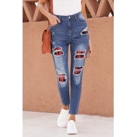 Medium Wash Distressed Plaid Skinny Jeans