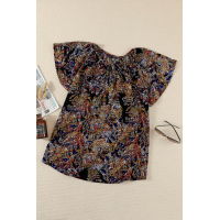 Multicolor V-neck Short Sleeve Fashion Print Fantasy Fluttering Blouse