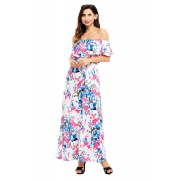 Blue Rosy Flower Off Shoulder Long Boho Dress