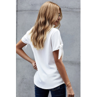 White Casual Tie Knot Short Sleeve V-Neck Button Chiffon Blouse