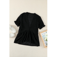 Black Ruffled V Neck Frill Hem Swiss Dot Blouse