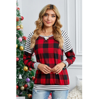 Red Buffalo Plaid Stripe Splicing Long Sleeve Top