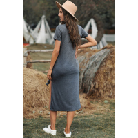 Gray Casual Short Sleeve T-shirt Midi Dress with High Splits