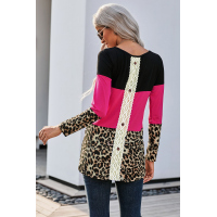 Rose Colorblock Leopard Triple Patchwork Long Sleeve Top