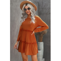 Orange Long Sleeve Ruffled Solid Swing Mini Dress