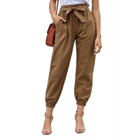 Khaki Solid Color Frock-style Pants with Belt