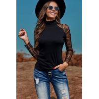 Black High Neck Lace Crochet Long Sleeve Top