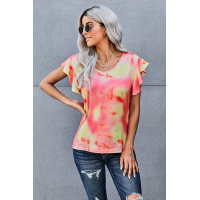 Orange Tie-dye Print Ruffled Sleeves T-shirt